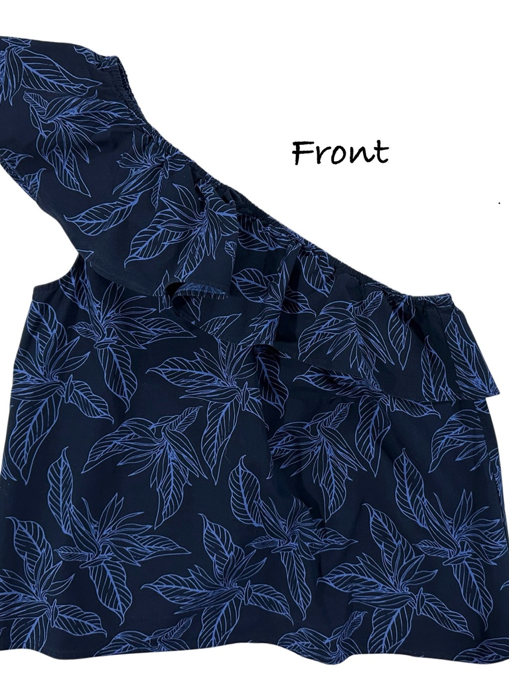 Banana Republic One Shoulder Ruffle Blouse Navy Blue Tropical Print Size S